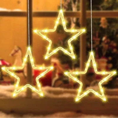 Afbeelding van YIFMOO Led sterren, kerstverlichting, 3 stuks, 30 leds, kerstdecoratie, raam, lichtster met timer, kerstster, verlichting, werkt op batterijen, voor binnen en buiten, Kerstmis, balkon, feest,