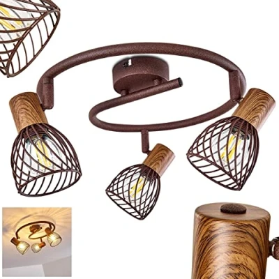 Afbeelding van plafondlamp Arjen, van metaal/hout in roest/bruin, 3 lichts, met verstelbare spots, x E14 fitting, retro/vintage design spot, zonder gloeilampen