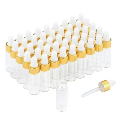 Afbeelding van Parfumlism 50 stuks mini druppelflessen, lege glazen flesjes met goudkleurige deksels, parfummonsters voor etherische oliën, lichaamsolie en vloeistoffen (5 ml)
