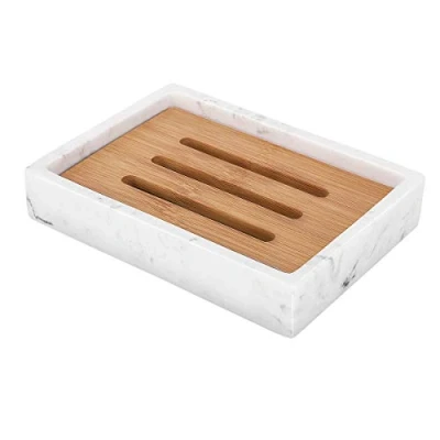 Afbeelding van Luxspire Soap Dish Tray, Resin Dish, Bamboo Bar Holder Box for Shower Kitchen Sink, Double Layer Draining Container Box, Wood Case, Bathroom Marble Pattern Tray