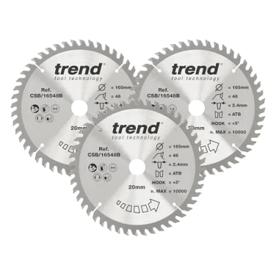 Afbeelding van Trend CraftPro Driepak TCT zaagbladen, ideaal voor Dewalt DWS520K en Makita SP6000 cirkelzagen, 165 mm x 48 Tanden 20 asgat, wolfraamcarbide getipt CSB/165/3PK/A, set van 3