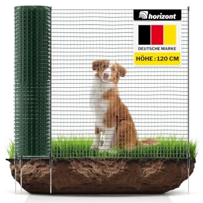 Afbeelding van horizont begrenzingshek FIX, mobiele omheining, 20 m lang, 120 cm hoog, ideaal voor grote huisdieren, hondenhek, camping, tuinnet, incl. 12 palen, afsluithek, insteekhek, honden