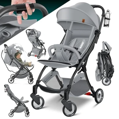 Afbeelding van KIDIZ® Premium kinderwagen, inklapbare 360 wielen, 5 punts riem, incl. bekerhouder en regenbescherming, verstelbare rugleuning zonnedak, grijs