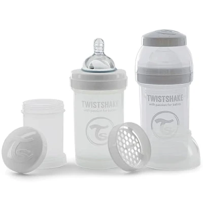Afbeelding van Twistshake 2x Antikoliek Babyflessen Met Melkpoedercontainer En Mixer 180ml Trage Doorstroom Siliconen Speen BPA Vrije Babymelkfles 0+ Maanden Wit