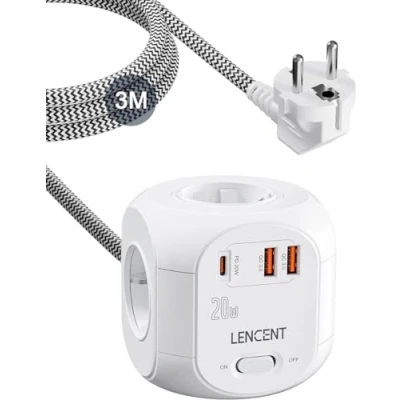 Afbeelding van LENCENT 4 Voudige Stekkerdoos Cube met Snelladen Type C, 7 in 1 Stopcontact 20W PD C &amp; QC, 3M Gevlochten Kabel Power Strip, 4000W Meervoudige Verlengsnoer Schakelaar, Thuis Verdeelstekker