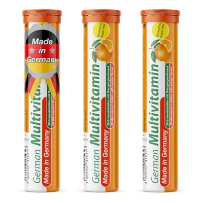Afbeelding van Duitse multivitamine bruistabletten 60 stk. sinaasappelsmaak vitamine C, E, B1, B2, B6, B12, biotine, foliumzuur, niacine, pantotheenzuur T&amp;D Pharma Made in Germany