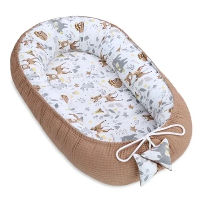 Afbeelding van Babynest Newborn Wiegbumper Baby 90 x 50 cm Cocoon Handgemaakte Dubbelzijdige Katoenen Wafel met Hert Bruin
