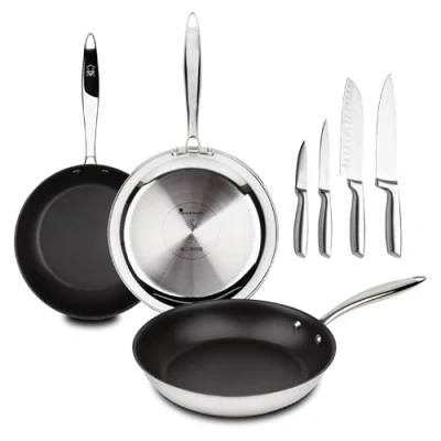 Afbeelding van MasterPro Argent 3 Pan en messenset, drie krachtige roestvrijstalen pannen van 28, 24 20 cm, set met 4 messen, mat oppervlak veilige grip