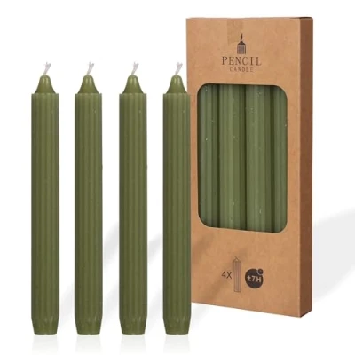 Afbeelding van COMFORDER Set staafkaarsen, 4 x tafelkaarsen, effen + geribbeld, 20 cm, 7 uur brandduur (mosgroen)