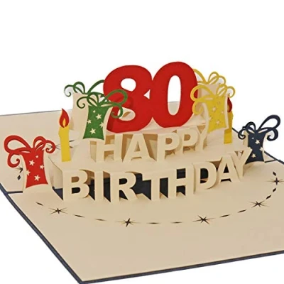 Afbeelding van Favour Pop Up® 3D wenskaart voor de ronde 80e verjaardag. Een filigraan kunstwerk dat zich bij het openen als verjaardagstaart ontvouwt. ALTA80B