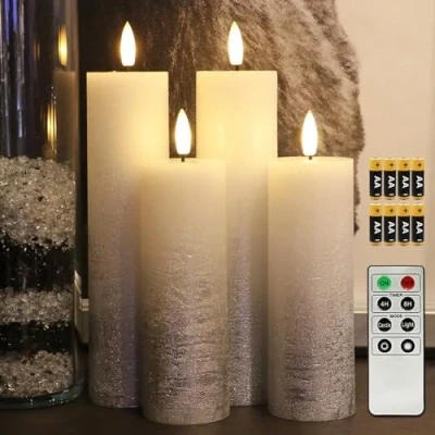 Afbeelding van Fanna 4 Slim Zilver Batterij Werkende Vlamloze LED Kaarsen, Textuur Was Afwerking, Inclusief Batterijen en Afstandsbediening, Hoogte 18/23cm