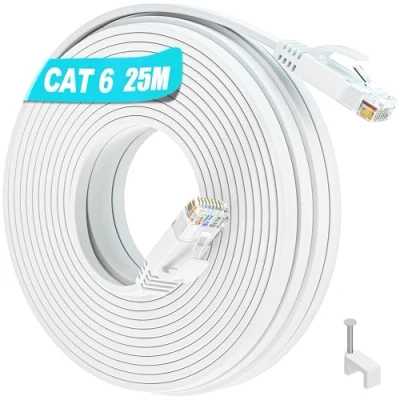 Afbeelding van Cat 6 LAN kabel 25 meter, netwerkkabel plat 25m ethernetkabel RJ45 wit patchkabel High Speed Wlan dunne wifi Gigabit internetkabel 1000 Mbps voor router modem