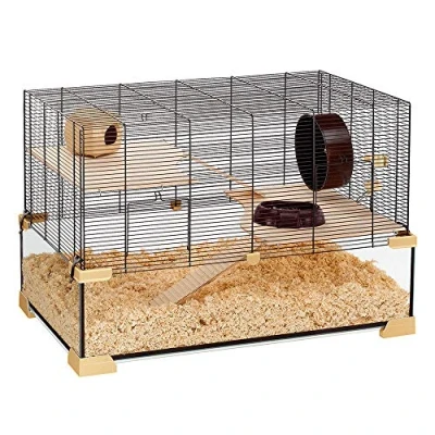 Afbeelding van Ferplast 57056217W1 Kooi voor hamsters, muizen en knaagdieren KARAT 80, structuur op twee verdiepingen met accessoires, in glas zwart gelakt metaal, 78,5 x 45,5 h 52,5 cm, M
