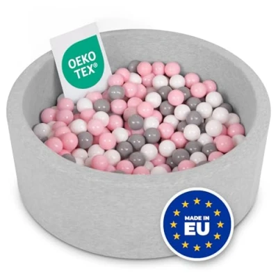 Afbeelding van SELONIS Zacht en rond ballenbad voor kinderen, 90 x 30 cm, met 300 ballen, lichtgrijs/wit/grijs/lichtroze