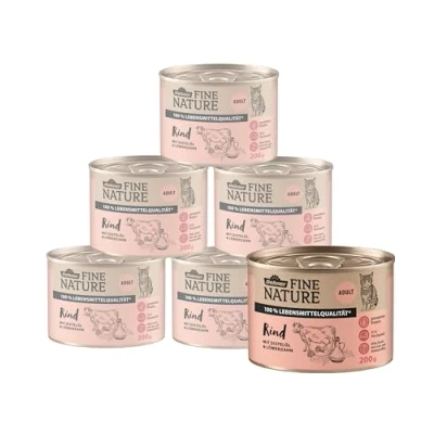 Afbeelding van Dehner Fine Nature Kattenvoer, natvoer zonder granen, voor volwassen katten, rundvlees, blik van 6 x 200 g (1,2 kg)
