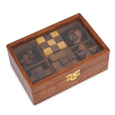 Afbeelding van Ajuny Houten puzzel spelboxset uitdagende hersentrainer, 3D puzzels voor jongeren en volwassenen, met decoratieve opbergdoos IQ tests, handgemaakt speelgeschenken