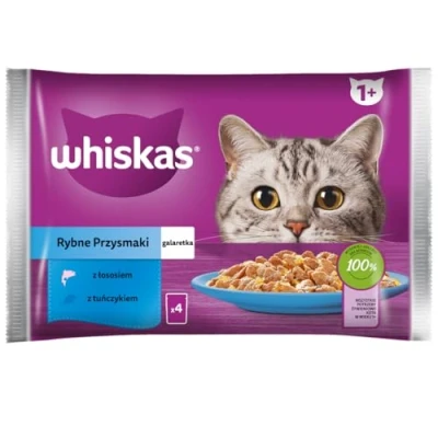 Afbeelding van WHISKAS Maaltijden voor katten, 52 verse zakjes (13 verpakkingen 4 x 85 g) favoriete vis (2 soorten) voer volwassen katten van gelei compleet natvoer, ook geschikt gesteriliseerde