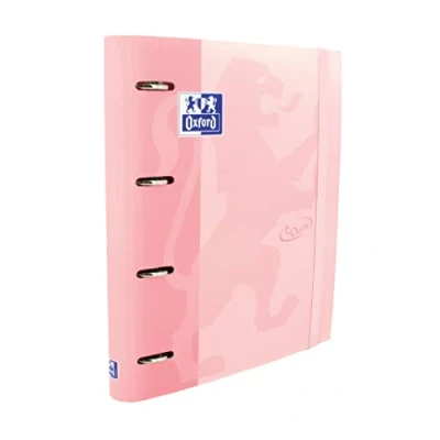 Afbeelding van Oxford 400165363, Ordner 4 ringen A4 harde kaft, rubberen sluiting, reservenooster 5x5 en 5 kleurstrepen, stickerblad, roze flamingo touch,Rosa