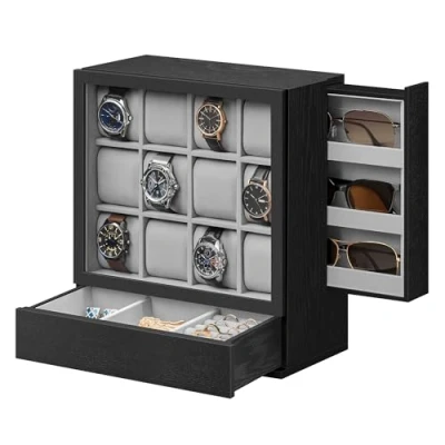 Afbeelding van SONGMICS Horlogebox 12 compartimenten, horlogekast met venster, horlogedisplay, massief houten fineer, fluwelen voering, verticale opbergruimte, ruimtebesparend, cadeau idee, ebbenhoutzwart JOW014B01