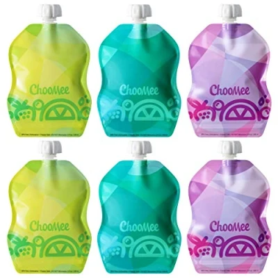 Afbeelding van ChooMee SnakPack herbruikbare levensmiddelzakjes, inhoud 237 ml, ideaal voor babyvoeding, smoothies en puree. Veilige dubbele druksluiting, brede onderkant, BPA vrij, 6 stuks TropiColor dessin