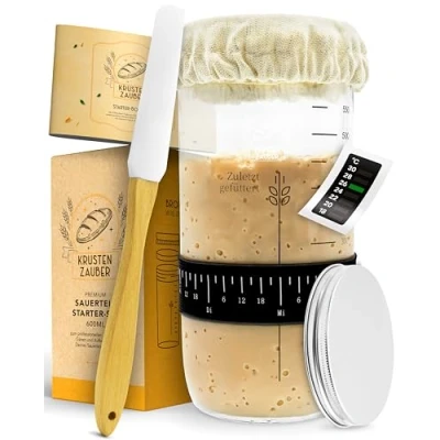 Afbeelding van KRUSTENZAUBER Zuurdeeg Starter Set 600 ml fermentatieglas met spatel en thermometer Brood bakken accessoires, zuurdeegglas, fermenteren, gistingsglas