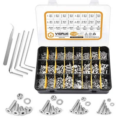Afbeelding van VIGRUE 1120 stuks M2 M3 M4 M5 schroeven met verzonken kop binnenzeskant zeskant platte knop schroef set A2 70 roestvrij staal moeren en sluitringen assortiment