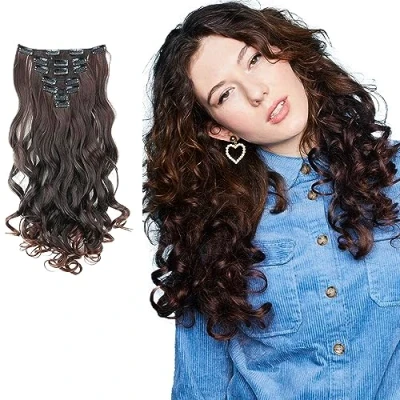 Afbeelding van CAISHA XL 45cm 7 Delige Set CLIP IN EXTENSIONS Haarextensies Haarstukje Golvend Donkerbruin Mix CE26 1