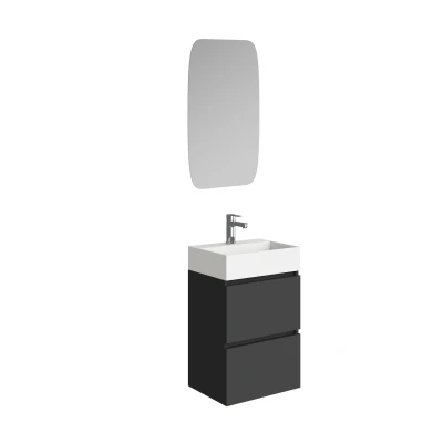 Afbeelding van Xellanz Mini onderkast met 2 laden mat zwart en wastafel keramiek glans wit 45 cm inclusief spiegel
