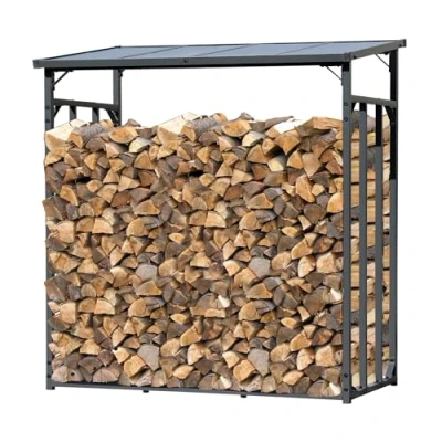 Afbeelding van QUICK STAR Metalen brandhoutrek antraciet XXL 185 x 70 cm promotie tuin brandhoutopslag 2,3 m3 stapelhulp buiten