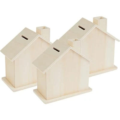 Afbeelding van VBS Set van 3 spaarpotten huis multiplex 10,5 x 10,5,5 cm spaarvarken spaarpot besparen