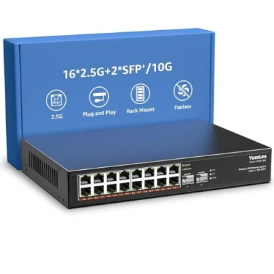 Afbeelding van 18 poorts 2.5G Umanaged Ethernet switch, 16 x Base T poorten, 2 10G SFP, 10/100/1000M compatibel, metalen ventilatorloos, desktop/rekmontage, YuanLey 2.5Gbe netwerkswitch voor draadloze AP,