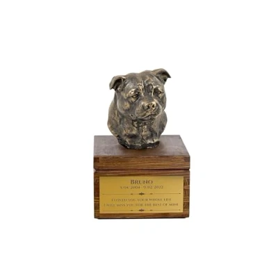 Afbeelding van Art Dog handgemaakte aangepaste hondenherdenkingsurn koudgegoten bronzen hondenkop op berkenbasis langdurige hondencrematiedoos 16x28x16cm Staffordshire bulterriër I