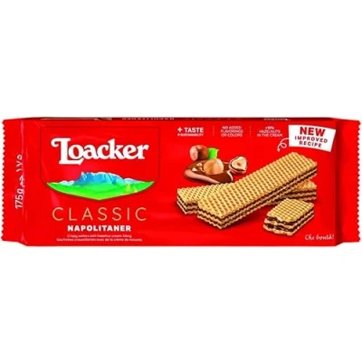 Afbeelding van Loacker Wafer Napolitaner koekjes snack biscuits wafel met hazelnootcrème 175 g fijne Italiaanse hazelnoten