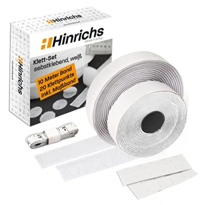 Afbeelding van Hinrichs Klittenbandset wit 1x Klittenband zelfklevend extra sterk 10m x 2cm + 20x Klittenbandstippen Ø Klittenbandsluiting Klittenbandstrips Incl meetlint