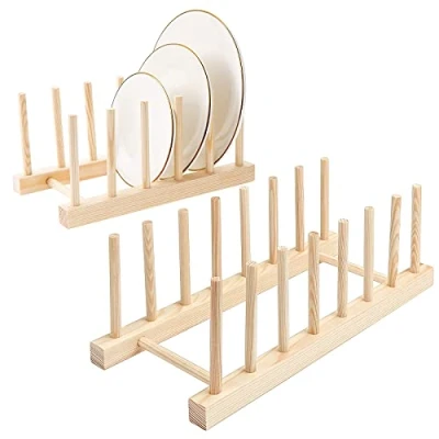 Afbeelding van HonGien 2 Stuks Bamboe Houten Afdruiprek Plaat Rack Stand Pot Deksel Houder Lade voor Opslag Kom, Servies, Bekers, CD&#039;s, Boek