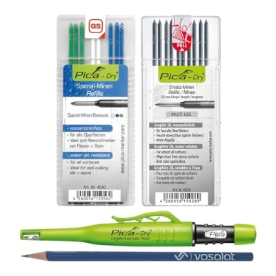 Afbeelding van Pica Marker Set Dry markeerstift met diepe gaten + 10 vullingen grafiet 2B multifunctioneel 8 waterstraalbestendig in blauw/wit/groen
