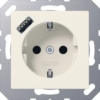 Afbeelding van Jung wandcontactdoos inbouw klauw schroef met usb kinderbeveiliging ip20 wit ral1013 a1520 18a
