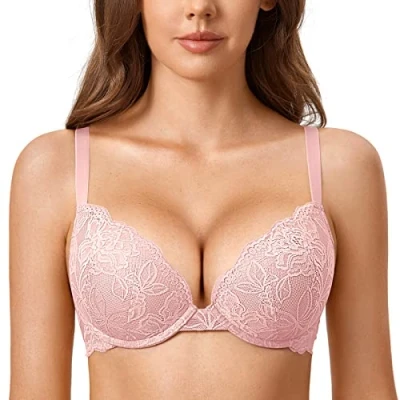 Afbeelding van DOBREVA Vrouwen Push Up BH Met Kant Gevoerde Plunge Beugel Volledige Cup Buste Voorgevormde Cups zachte roos 85C