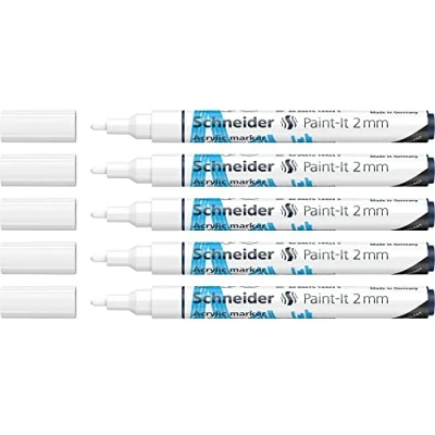 Afbeelding van Schneider 120149 Paint It acrylstiften (met 2 mm ronde punt, zeer dekkende acrylverf voor hout, canvas, steen enz.) 5 pack, wit