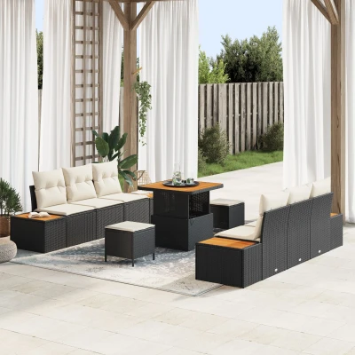 Afbeelding van vidaXL 9 delige Tuinbankstel met Kussens Zwart Poly Rattan Acacia