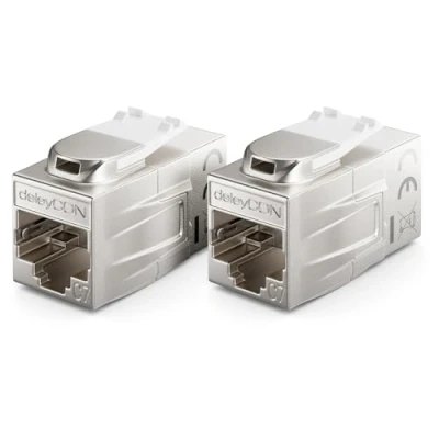Afbeelding van deleyCON 2 Stuks CAT 7 Koppeling Keystone Metaal 2x RJ45 Connector Voor Patchkabel 600 MHz 10 Gbps LAN DSL Ethernet en te Gebruiken als Zilver