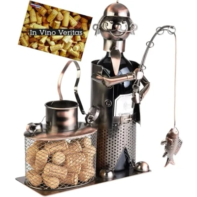 Afbeelding van BRUBAKER Wijnflessenhouder Visser met Vis en Emmer voor Kurkopslag Metalen Flessenhouder Cadeau Figuur Wijngeschenk Flessenrek Cadeaukaart Kleur: Koper
