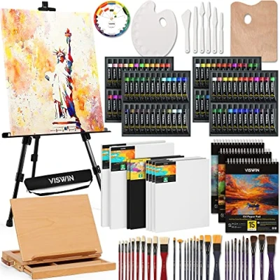 Afbeelding van VISWIN Alles in één kunstschilderset met aluminium en beukenhouten ezel, 96 acryl , aquarel olieverfset, doeken, schilderset complete kunstbenodigdheden voor volwassenen, studenten, beginners,