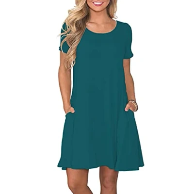 Afbeelding van AUSELILY Dames Zomerjurken Casual T shirt Korte Mouw Jurk Losse Swing met Zakken