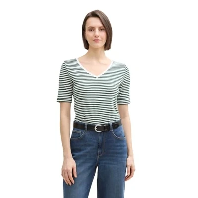 Afbeelding van TOM Tailor MIT Vausschnitt Tshirt print, Dames, Maat: Small, Offwhite green regular stripe