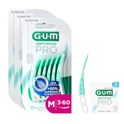 Afbeelding van GUM SOFT PICKS PRO interdentale reinigers gebogen vorm voor gemakkelijke toegang tot moeilijk bereikbare plaatsen zachte werking gevoelig tandvlees [M 3x60] (+1 gratis sample)