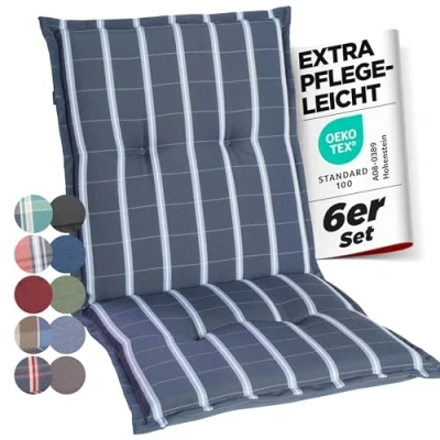 Afbeelding van gardisun Tuinstoelkussens met lage rugleuning, extra dikke stoelkussens, Made in Europe, stoelkussens voor tuinstoelen een kussens hoog comfort, set van 6, grijs geruit