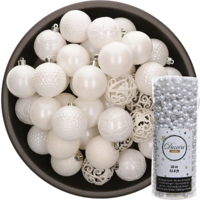Afbeelding van 37x stuks kunststof kerstballen 6 cm inclusief kralenslinger wit Kerstbal