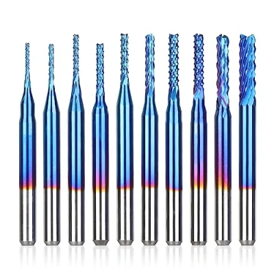 Afbeelding van SainSmart Genmitsu 10 stuks Nano Blue Coat schachtfreesset CNC frees voor hout pvc aluminium, 0,8 3 mm, 1/8 inch schacht