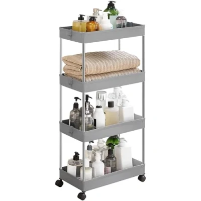 Afbeelding van Rolwagen, keukentrolley met 4 niveaus, keukenrek, nisrek op wieltjes, badkamerrek, ruimtebesparend, 40 x 22 86 cm, grijs